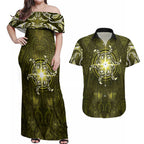 New Zealand Matariki Hiwaiterangi Couples Matching Off Shoulder Maxi Dress and Hawaiian Shirt Maori Moko Yellow Galaxy