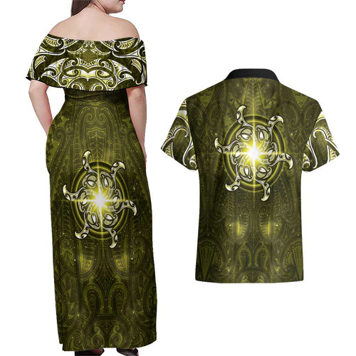 New Zealand Matariki Hiwaiterangi Couples Matching Off Shoulder Maxi Dress and Hawaiian Shirt Maori Moko Yellow Galaxy