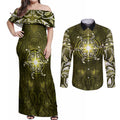 New Zealand Matariki Hiwaiterangi Couples Matching Off Shoulder Maxi Dress and Long Sleeve Button Shirt Maori Moko Yellow Galaxy