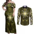 New Zealand Matariki Hiwaiterangi Couples Matching Off Shoulder Maxi Dress and Long Sleeve Button Shirt Maori Moko Yellow Galaxy