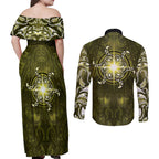 New Zealand Matariki Hiwaiterangi Couples Matching Off Shoulder Maxi Dress and Long Sleeve Button Shirt Maori Moko Yellow Galaxy