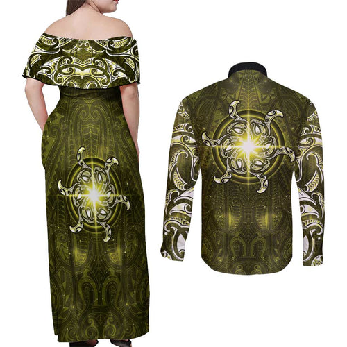 New Zealand Matariki Hiwaiterangi Couples Matching Off Shoulder Maxi Dress and Long Sleeve Button Shirt Maori Moko Yellow Galaxy