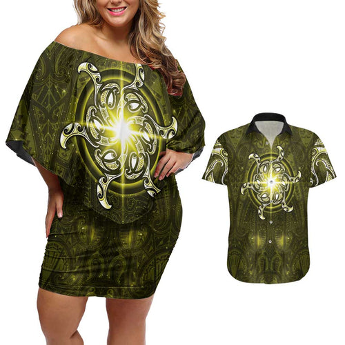 New Zealand Matariki Hiwaiterangi Couples Matching Off Shoulder Short Dress and Hawaiian Shirt Maori Moko Yellow Galaxy