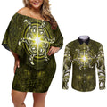 New Zealand Matariki Hiwaiterangi Couples Matching Off Shoulder Short Dress and Long Sleeve Button Shirt Maori Moko Yellow Galaxy