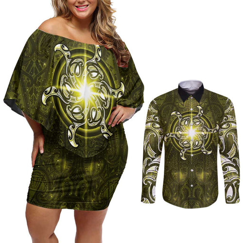 New Zealand Matariki Hiwaiterangi Couples Matching Off Shoulder Short Dress and Long Sleeve Button Shirt Maori Moko Yellow Galaxy