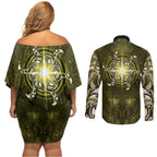 New Zealand Matariki Hiwaiterangi Couples Matching Off Shoulder Short Dress and Long Sleeve Button Shirt Maori Moko Yellow Galaxy