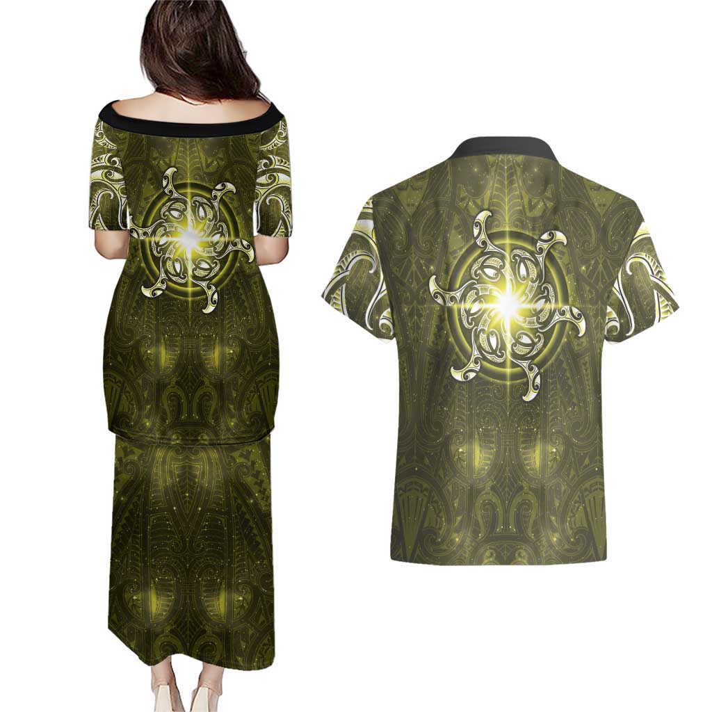 New Zealand Matariki Hiwaiterangi Couples Matching Puletasi and Hawaiian Shirt Maori Moko Yellow Galaxy