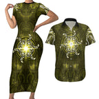 New Zealand Matariki Hiwaiterangi Couples Matching Short Sleeve Bodycon Dress and Hawaiian Shirt Maori Moko Yellow Galaxy