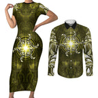 New Zealand Matariki Hiwaiterangi Couples Matching Short Sleeve Bodycon Dress and Long Sleeve Button Shirt Maori Moko Yellow Galaxy