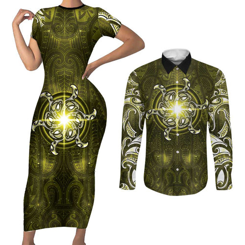 New Zealand Matariki Hiwaiterangi Couples Matching Short Sleeve Bodycon Dress and Long Sleeve Button Shirt Maori Moko Yellow Galaxy