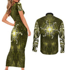 New Zealand Matariki Hiwaiterangi Couples Matching Short Sleeve Bodycon Dress and Long Sleeve Button Shirt Maori Moko Yellow Galaxy