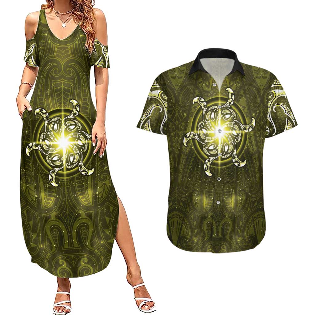New Zealand Matariki Hiwaiterangi Couples Matching Summer Maxi Dress and Hawaiian Shirt Maori Moko Yellow Galaxy