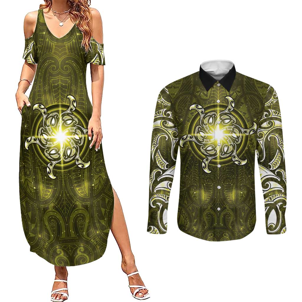 New Zealand Matariki Hiwaiterangi Couples Matching Summer Maxi Dress and Long Sleeve Button Shirt Maori Moko Yellow Galaxy