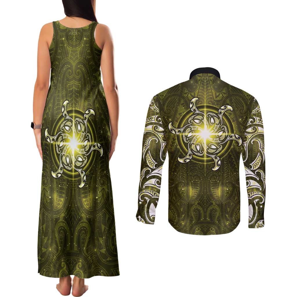 New Zealand Matariki Hiwaiterangi Couples Matching Tank Maxi Dress and Long Sleeve Button Shirt Maori Moko Yellow Galaxy