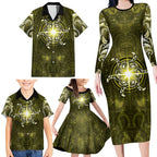 New Zealand Matariki Hiwaiterangi Family Matching Long Sleeve Bodycon Dress and Hawaiian Shirt Maori Moko Yellow Galaxy
