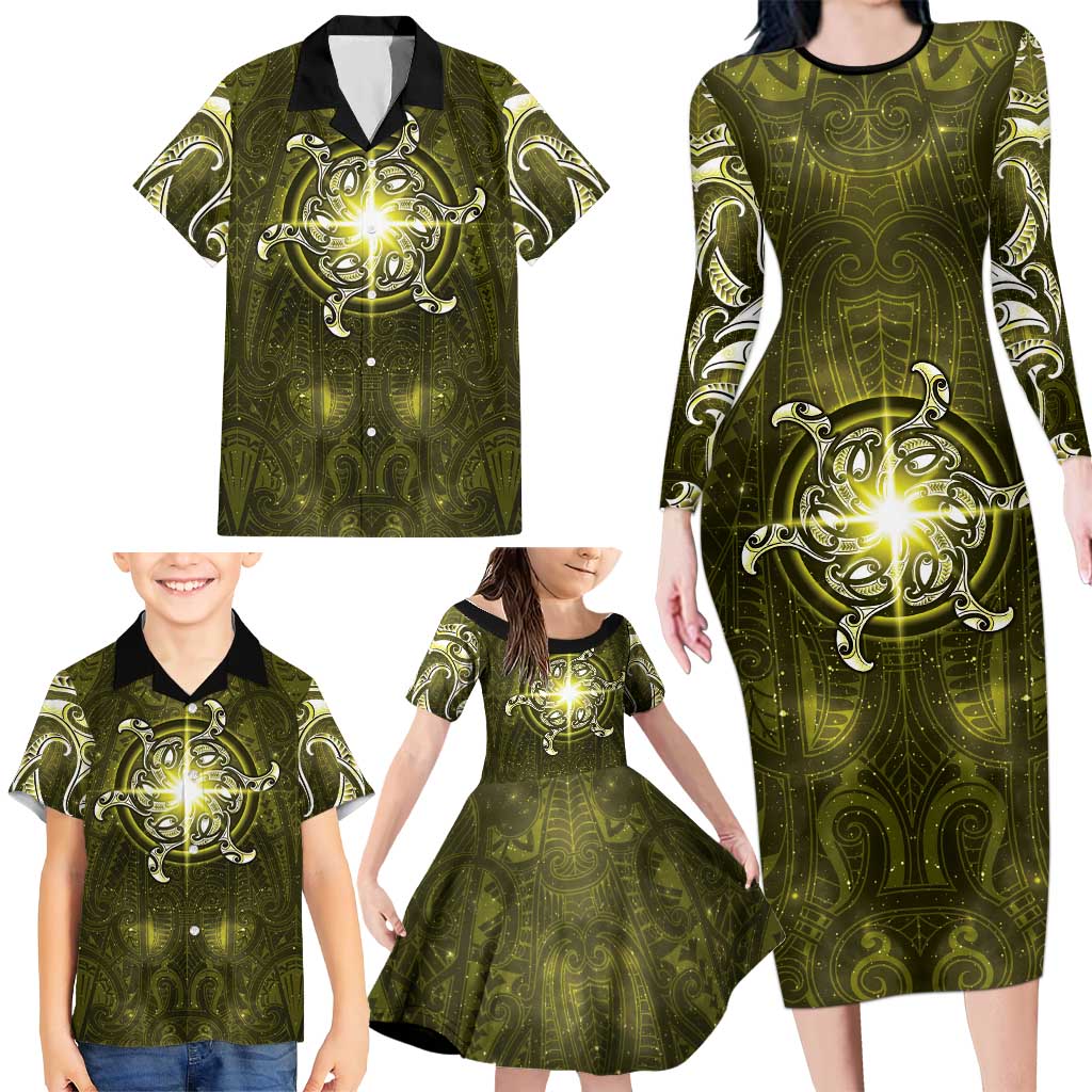 New Zealand Matariki Hiwaiterangi Family Matching Long Sleeve Bodycon Dress and Hawaiian Shirt Maori Moko Yellow Galaxy