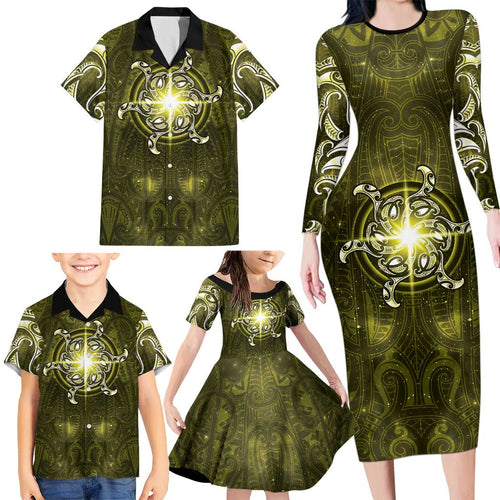 New Zealand Matariki Hiwaiterangi Family Matching Long Sleeve Bodycon Dress and Hawaiian Shirt Maori Moko Yellow Galaxy