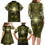 New Zealand Matariki Hiwaiterangi Family Matching Long Sleeve Bodycon Dress and Hawaiian Shirt Maori Moko Yellow Galaxy