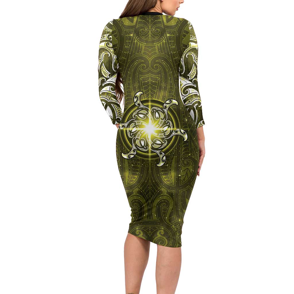 New Zealand Matariki Hiwaiterangi Family Matching Long Sleeve Bodycon Dress and Hawaiian Shirt Maori Moko Yellow Galaxy