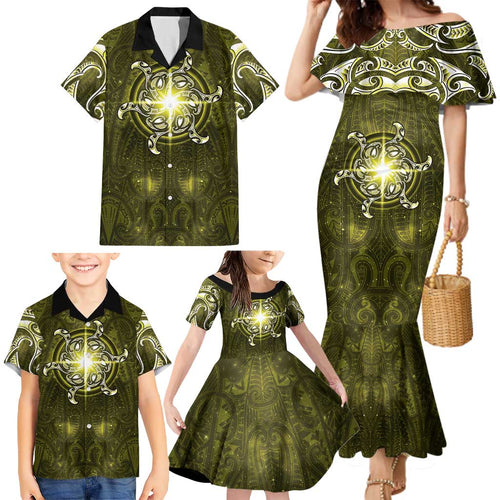 New Zealand Matariki Hiwaiterangi Family Matching Mermaid Dress and Hawaiian Shirt Maori Moko Yellow Galaxy