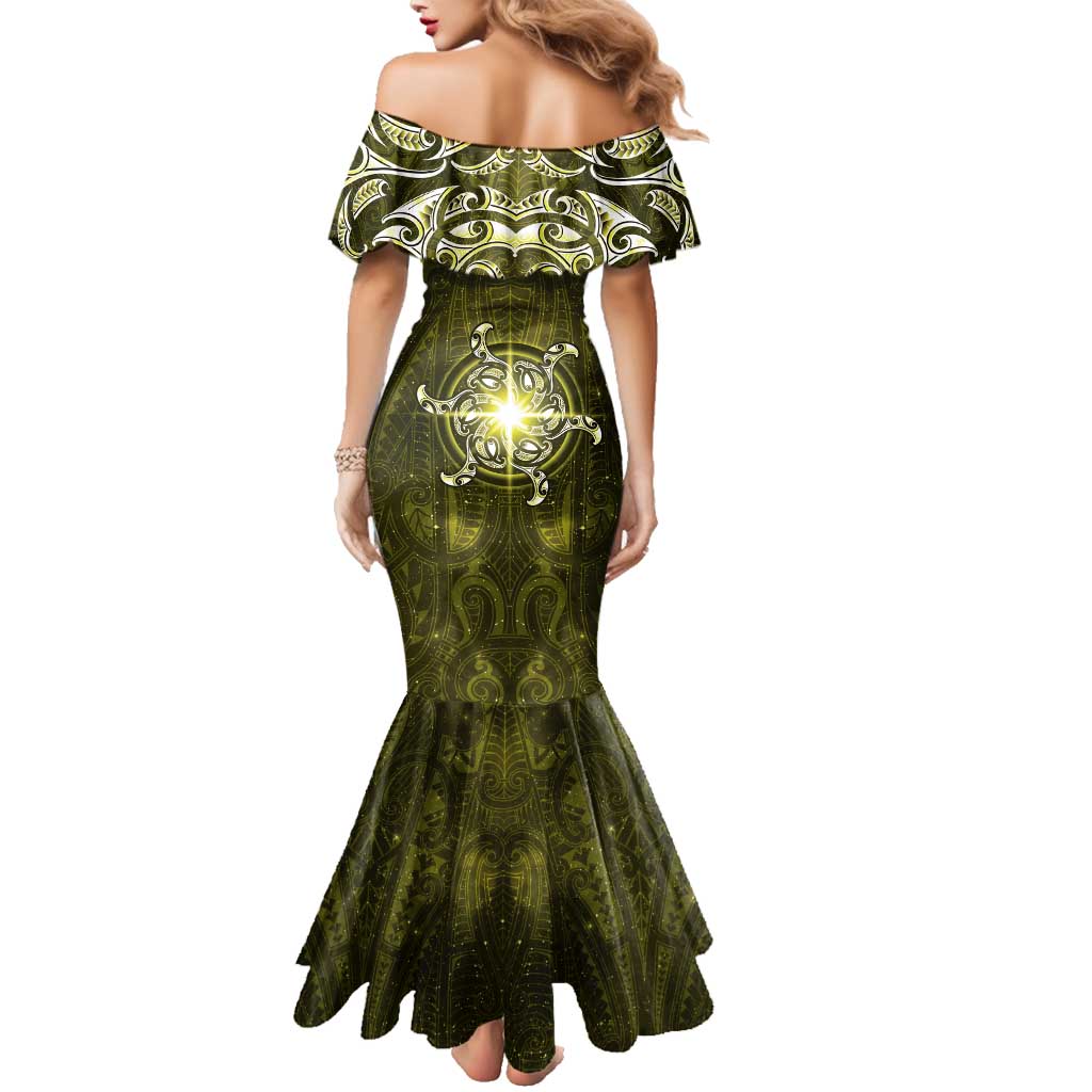 New Zealand Matariki Hiwaiterangi Family Matching Mermaid Dress and Hawaiian Shirt Maori Moko Yellow Galaxy