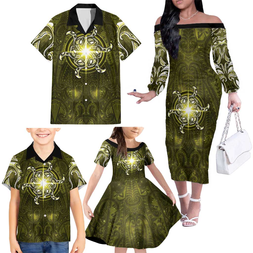 New Zealand Matariki Hiwaiterangi Family Matching Off The Shoulder Long Sleeve Dress and Hawaiian Shirt Maori Moko Yellow Galaxy