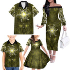 New Zealand Matariki Hiwaiterangi Family Matching Off The Shoulder Long Sleeve Dress and Hawaiian Shirt Maori Moko Yellow Galaxy