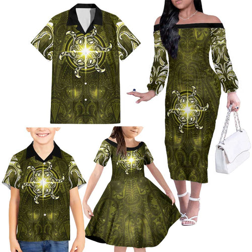 New Zealand Matariki Hiwaiterangi Family Matching Off The Shoulder Long Sleeve Dress and Hawaiian Shirt Maori Moko Yellow Galaxy