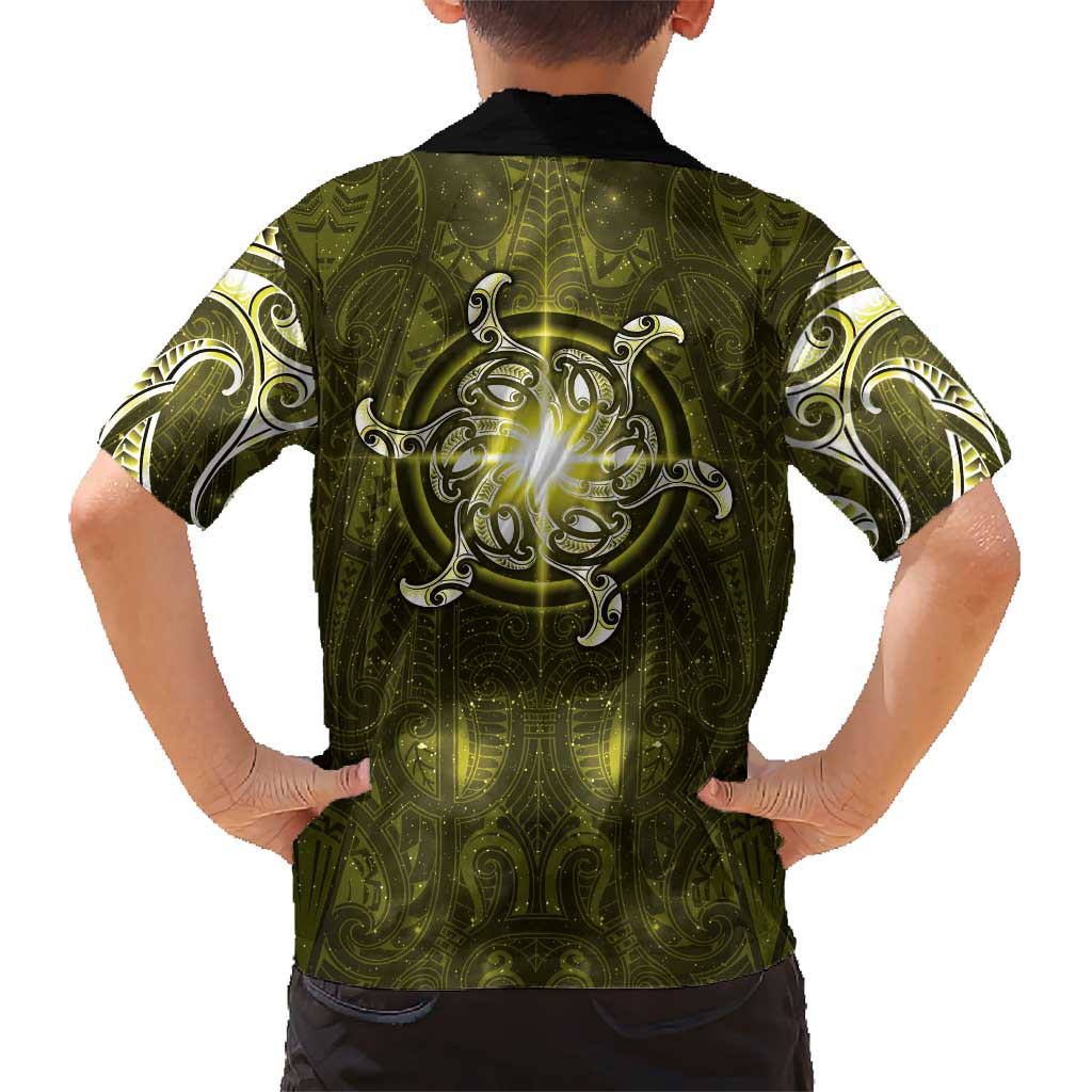 New Zealand Matariki Hiwaiterangi Family Matching Off The Shoulder Long Sleeve Dress and Hawaiian Shirt Maori Moko Yellow Galaxy
