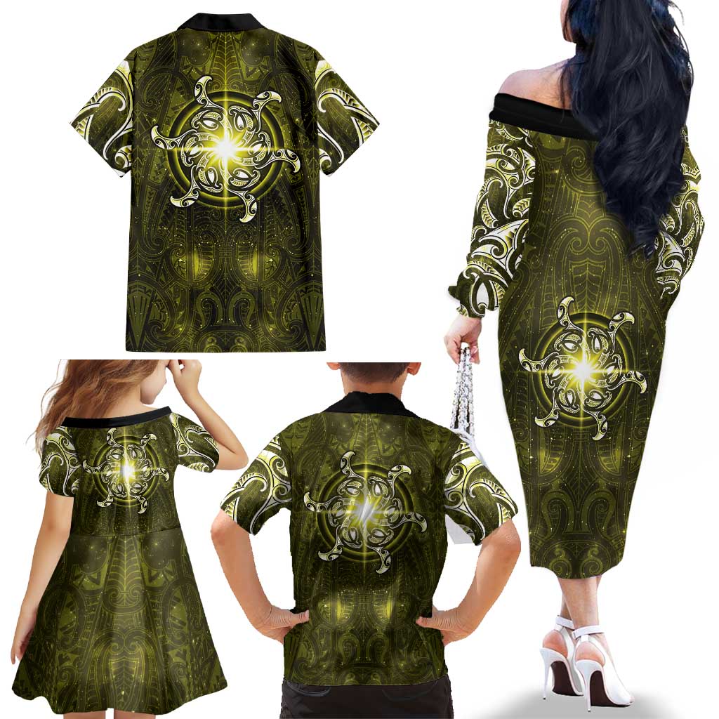 New Zealand Matariki Hiwaiterangi Family Matching Off The Shoulder Long Sleeve Dress and Hawaiian Shirt Maori Moko Yellow Galaxy