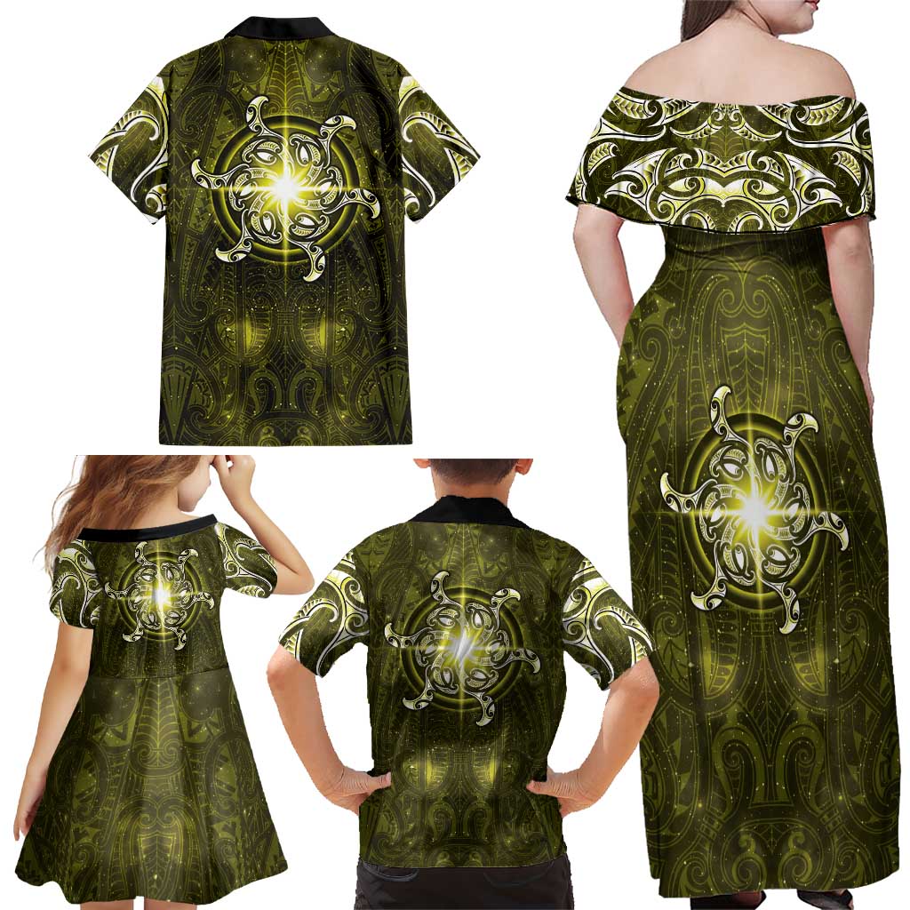 New Zealand Matariki Hiwaiterangi Family Matching Off Shoulder Maxi Dress and Hawaiian Shirt Maori Moko Yellow Galaxy