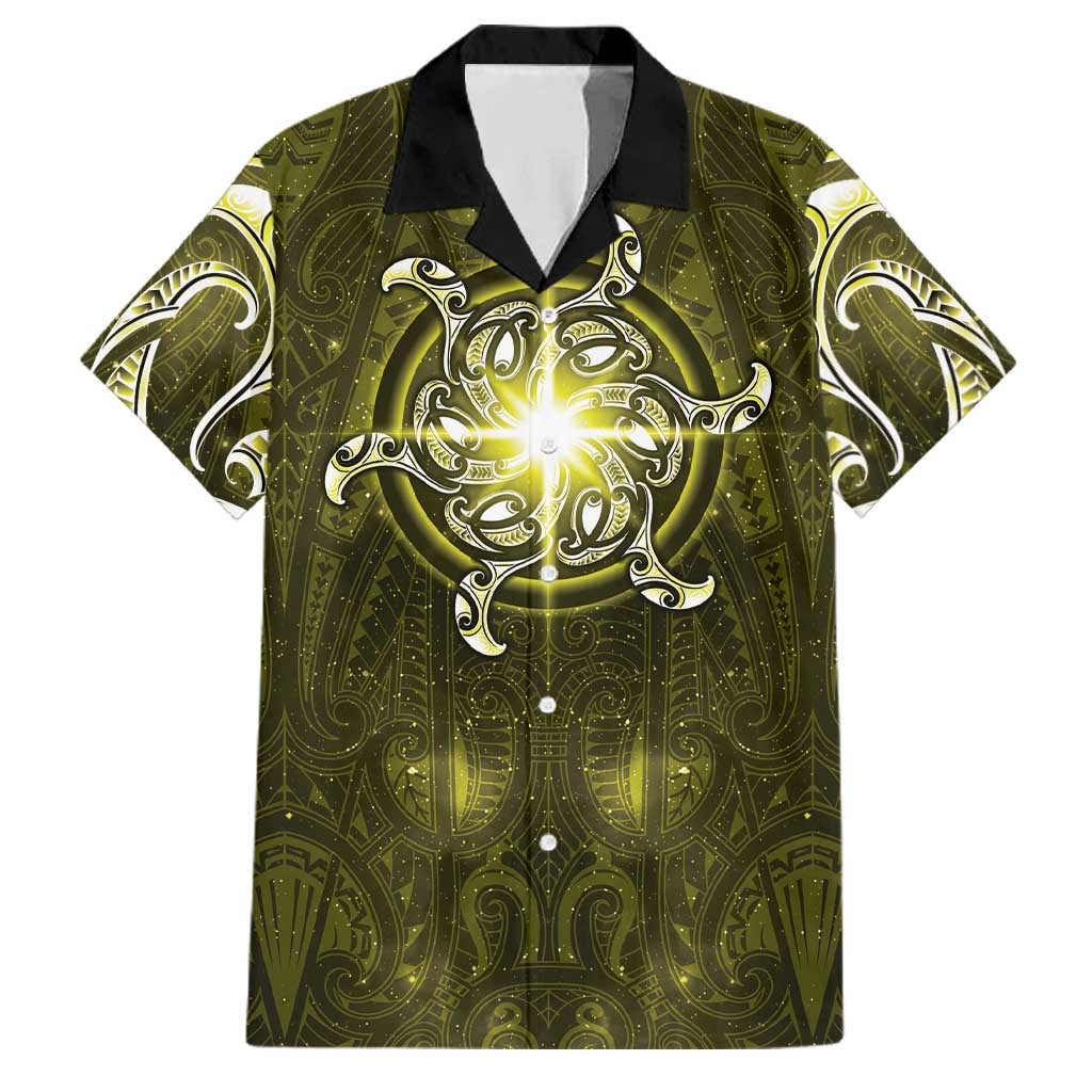 New Zealand Matariki Hiwaiterangi Family Matching Off Shoulder Maxi Dress and Hawaiian Shirt Maori Moko Yellow Galaxy