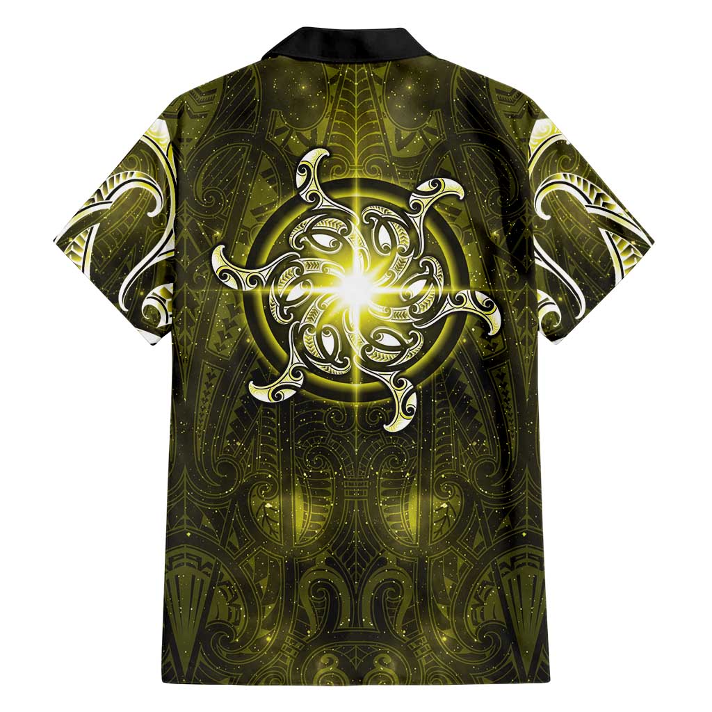 New Zealand Matariki Hiwaiterangi Family Matching Off Shoulder Maxi Dress and Hawaiian Shirt Maori Moko Yellow Galaxy