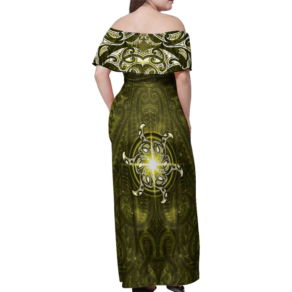 New Zealand Matariki Hiwaiterangi Family Matching Off Shoulder Maxi Dress and Hawaiian Shirt Maori Moko Yellow Galaxy