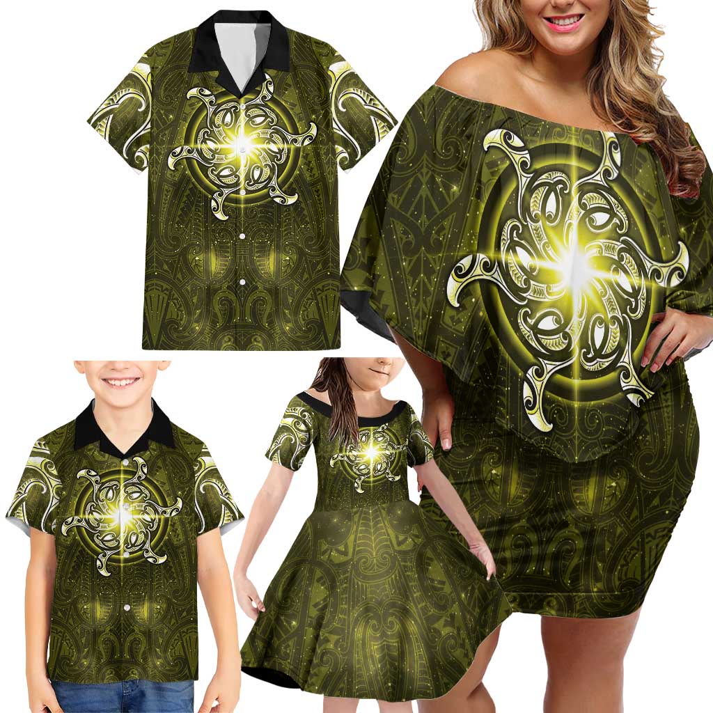 New Zealand Matariki Hiwaiterangi Family Matching Off Shoulder Short Dress and Hawaiian Shirt Maori Moko Yellow Galaxy