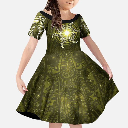 New Zealand Matariki Hiwaiterangi Family Matching Off Shoulder Short Dress and Hawaiian Shirt Maori Moko Yellow Galaxy