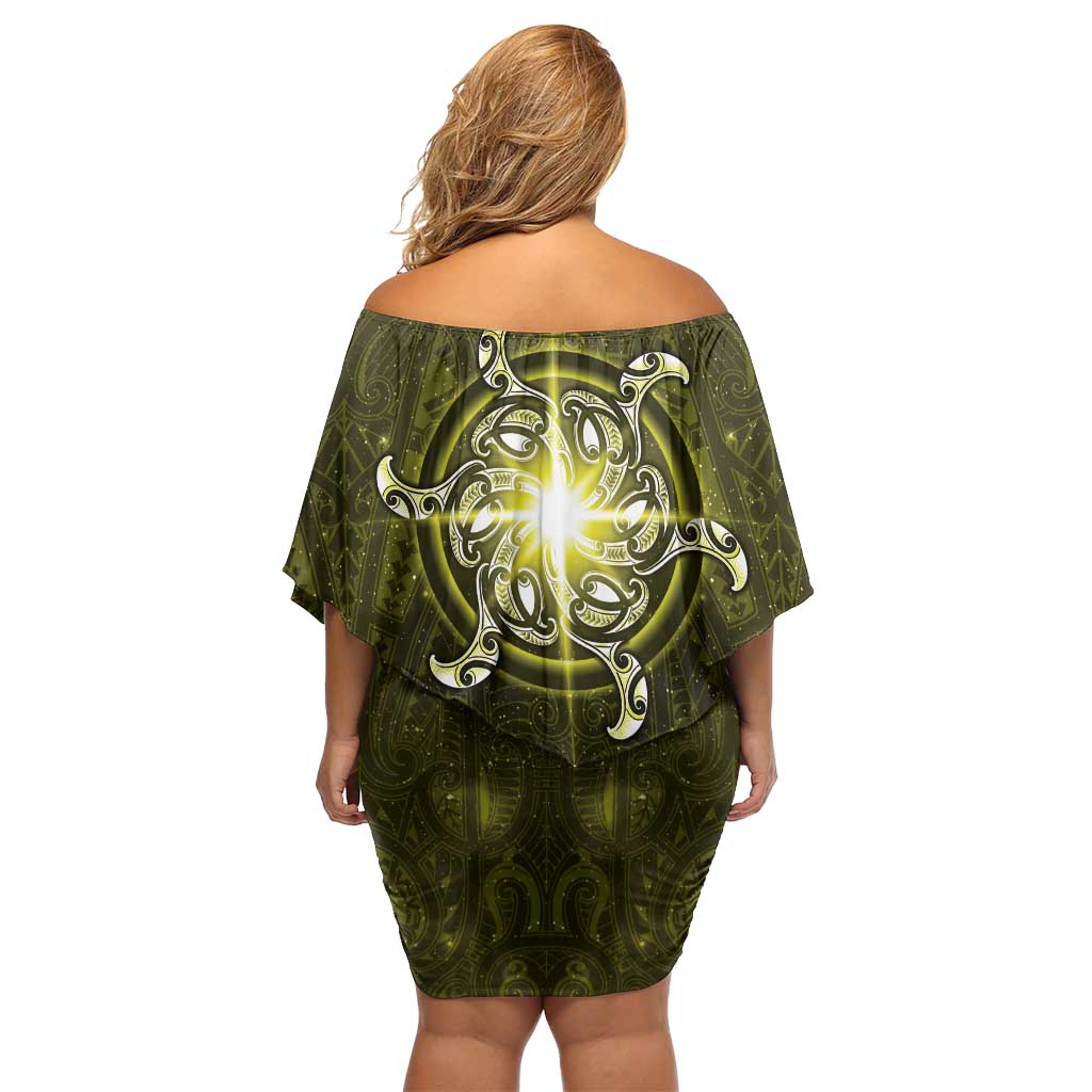 New Zealand Matariki Hiwaiterangi Family Matching Off Shoulder Short Dress and Hawaiian Shirt Maori Moko Yellow Galaxy