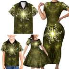 New Zealand Matariki Hiwaiterangi Family Matching Short Sleeve Bodycon Dress and Hawaiian Shirt Maori Moko Yellow Galaxy