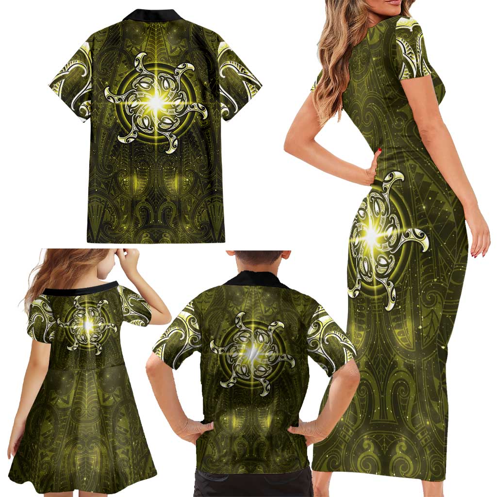 New Zealand Matariki Hiwaiterangi Family Matching Short Sleeve Bodycon Dress and Hawaiian Shirt Maori Moko Yellow Galaxy