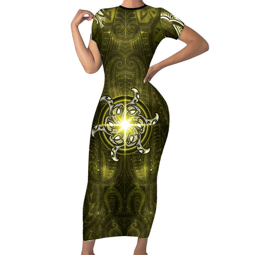 New Zealand Matariki Hiwaiterangi Family Matching Short Sleeve Bodycon Dress and Hawaiian Shirt Maori Moko Yellow Galaxy