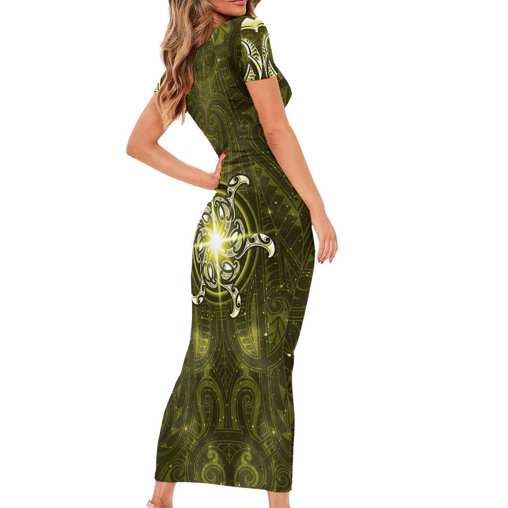 New Zealand Matariki Hiwaiterangi Family Matching Short Sleeve Bodycon Dress and Hawaiian Shirt Maori Moko Yellow Galaxy