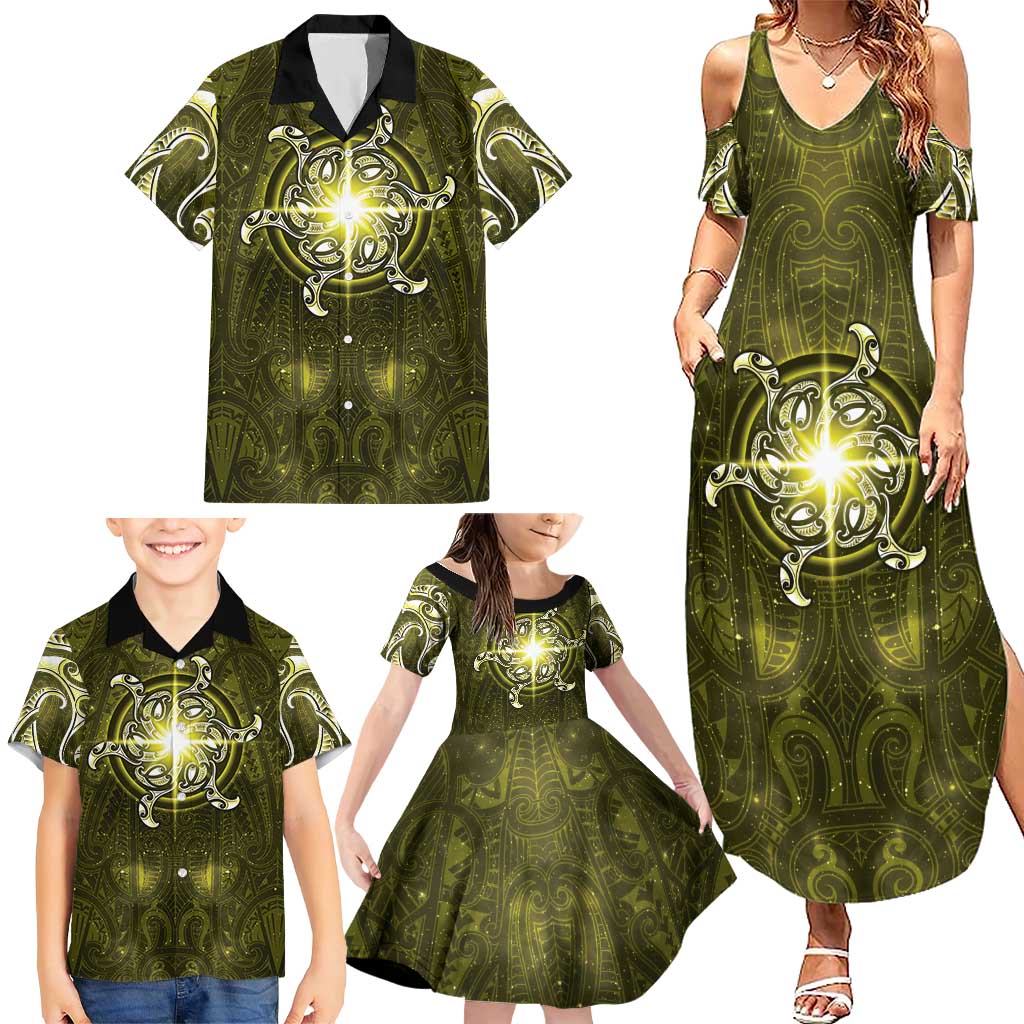 New Zealand Matariki Hiwaiterangi Family Matching Summer Maxi Dress and Hawaiian Shirt Maori Moko Yellow Galaxy