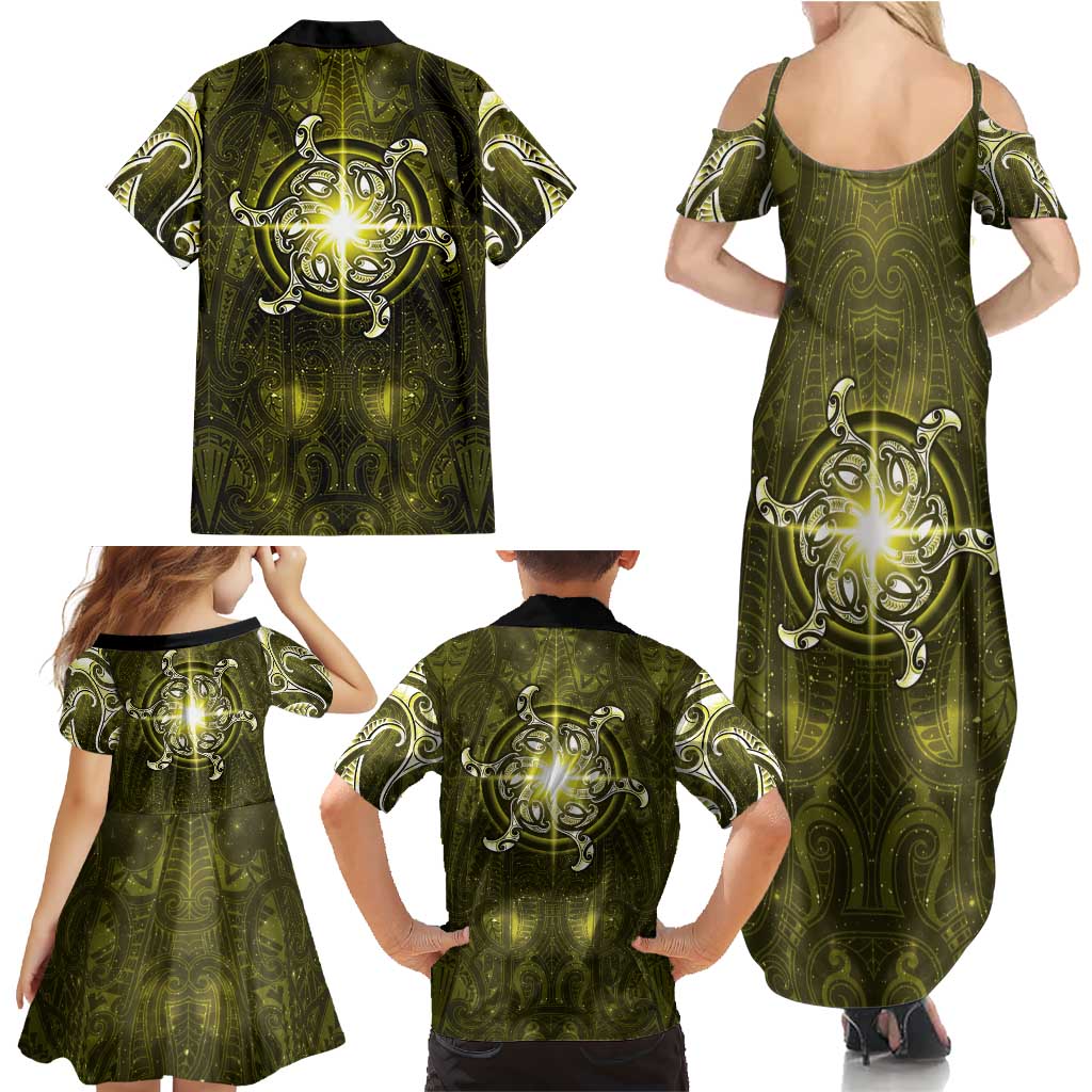 New Zealand Matariki Hiwaiterangi Family Matching Summer Maxi Dress and Hawaiian Shirt Maori Moko Yellow Galaxy