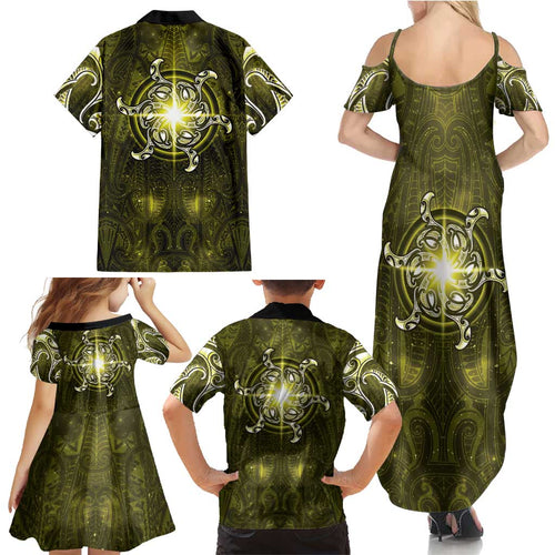 New Zealand Matariki Hiwaiterangi Family Matching Summer Maxi Dress and Hawaiian Shirt Maori Moko Yellow Galaxy