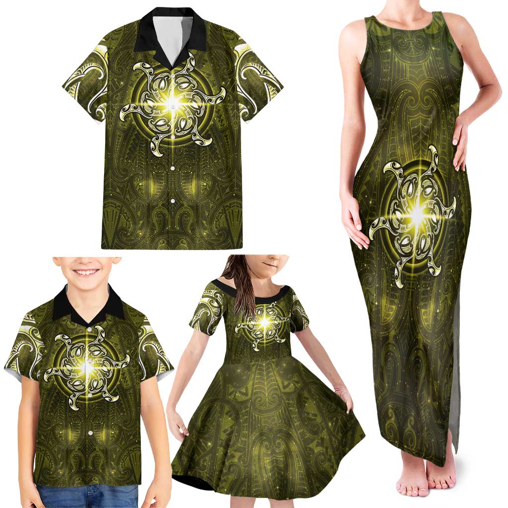 New Zealand Matariki Hiwaiterangi Family Matching Tank Maxi Dress and Hawaiian Shirt Maori Moko Yellow Galaxy