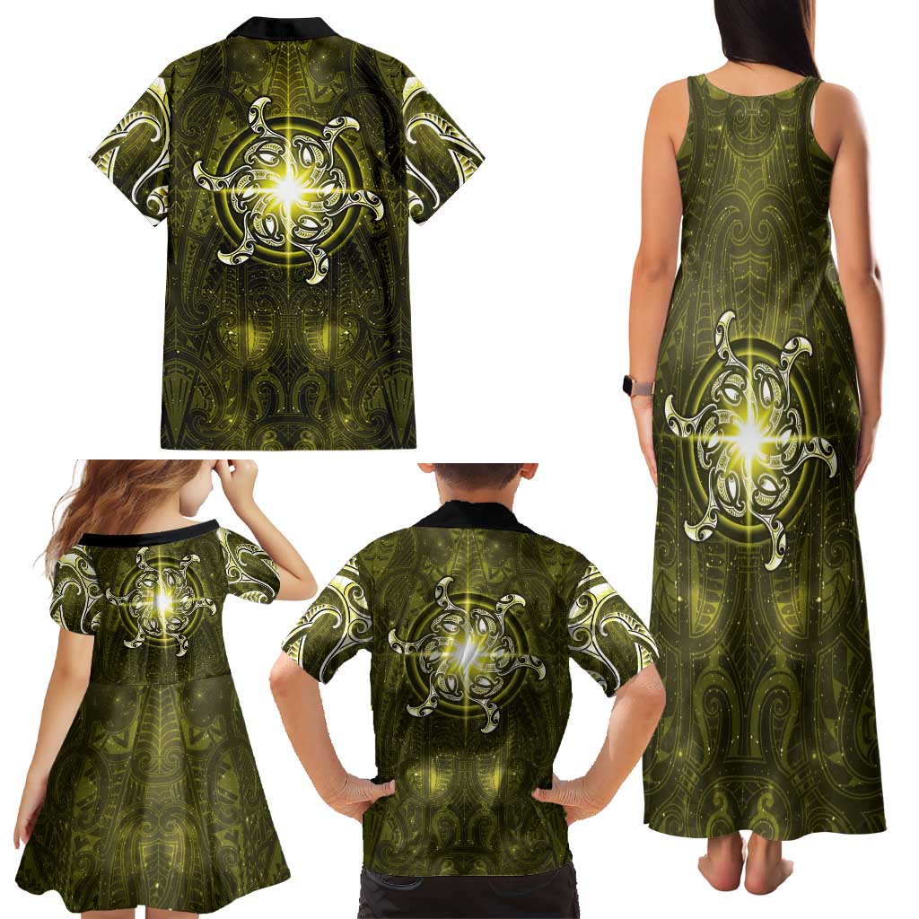 New Zealand Matariki Hiwaiterangi Family Matching Tank Maxi Dress and Hawaiian Shirt Maori Moko Yellow Galaxy