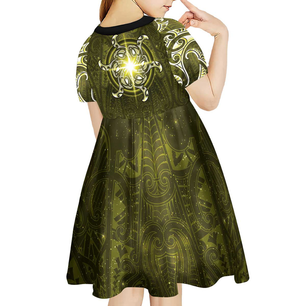 New Zealand Matariki Hiwaiterangi Kid Short Sleeve Dress Maori Moko Yellow Galaxy