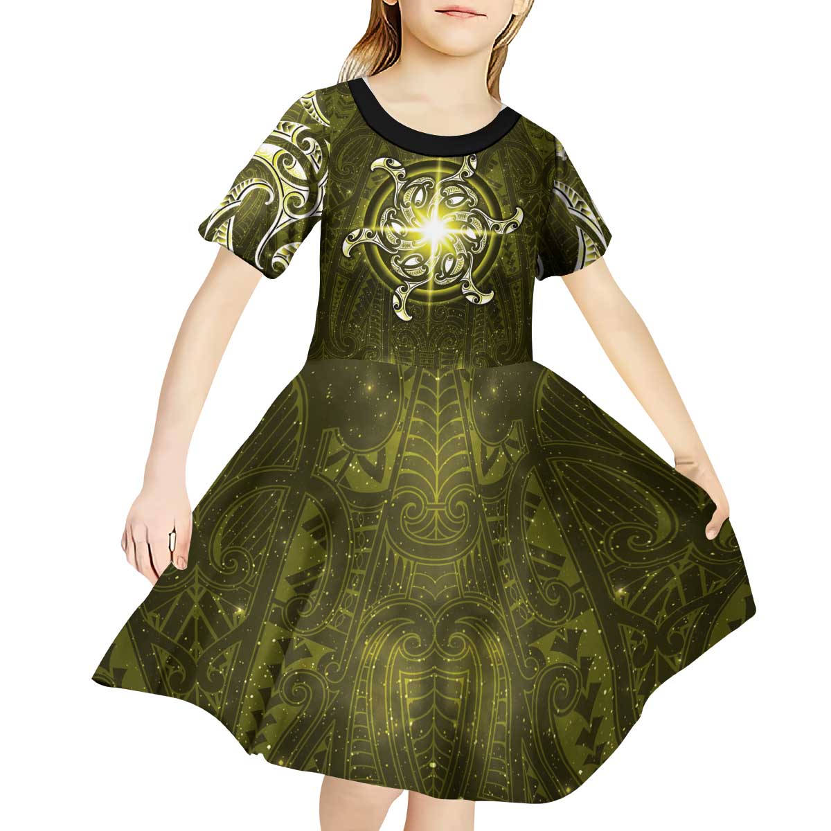New Zealand Matariki Hiwaiterangi Kid Short Sleeve Dress Maori Moko Yellow Galaxy