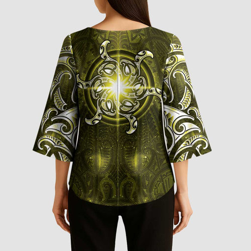 New Zealand Matariki Hiwaiterangi Kimono Sleeve Blouse Maori Moko Yellow Galaxy