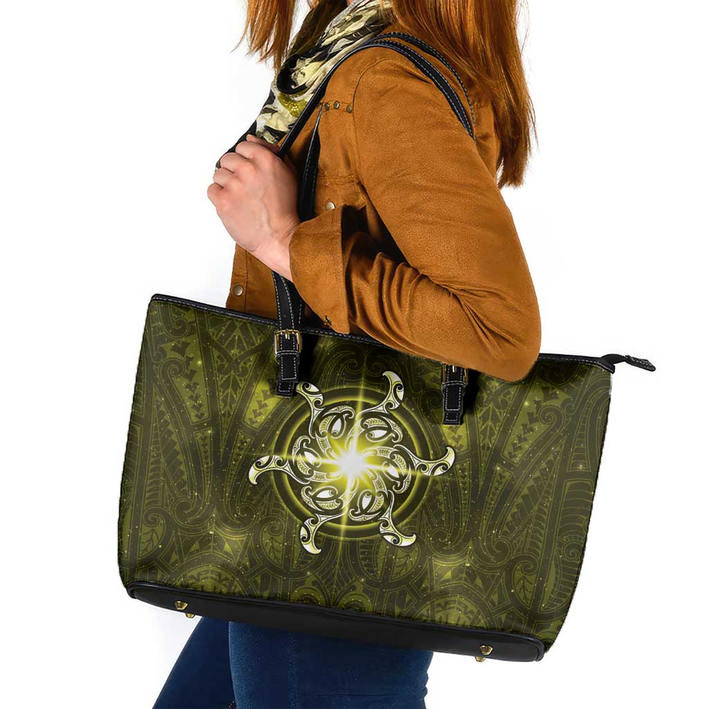 New Zealand Matariki Hiwaiterangi Leather Tote Bag Maori Moko Yellow Galaxy